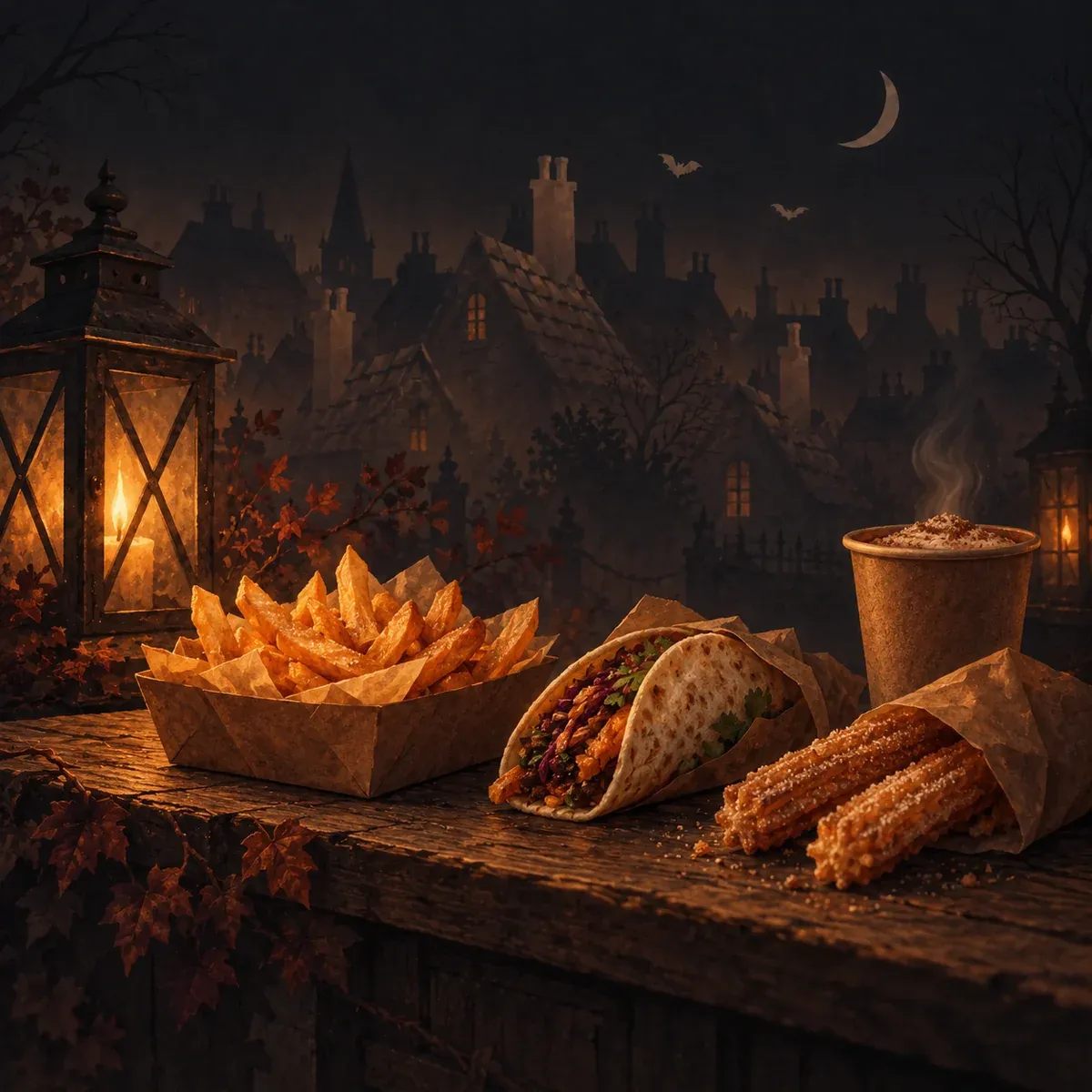 Illustration d’ambiance : assortiment de cuisine de rue et boisson chaude.