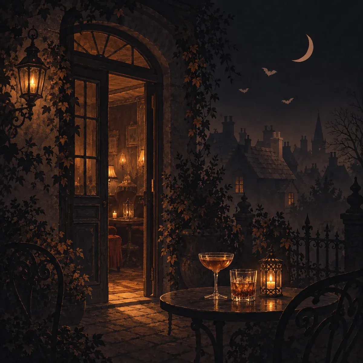 Illustration d’ambiance : porte éclairée et verres dans un décor nocturne imaginaire.