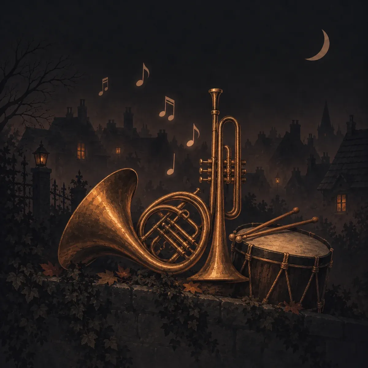 Illustration d’ambiance : cuivres et tambour dans une ville nocturne imaginaire.