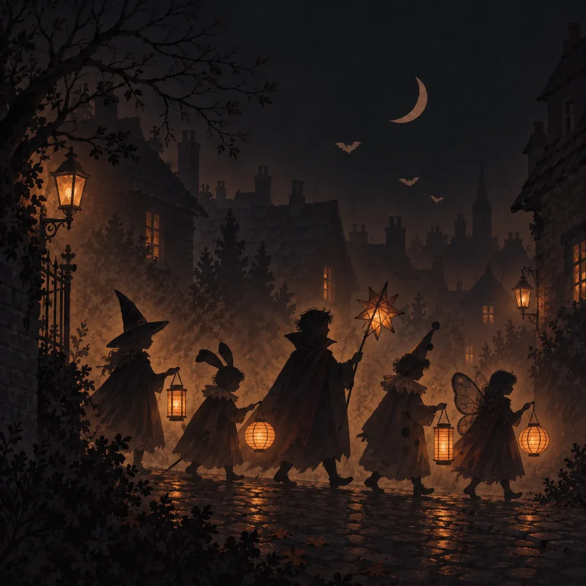 Illustration d’ambiance : silhouettes costumées et lanternes dans une rue imaginaire.