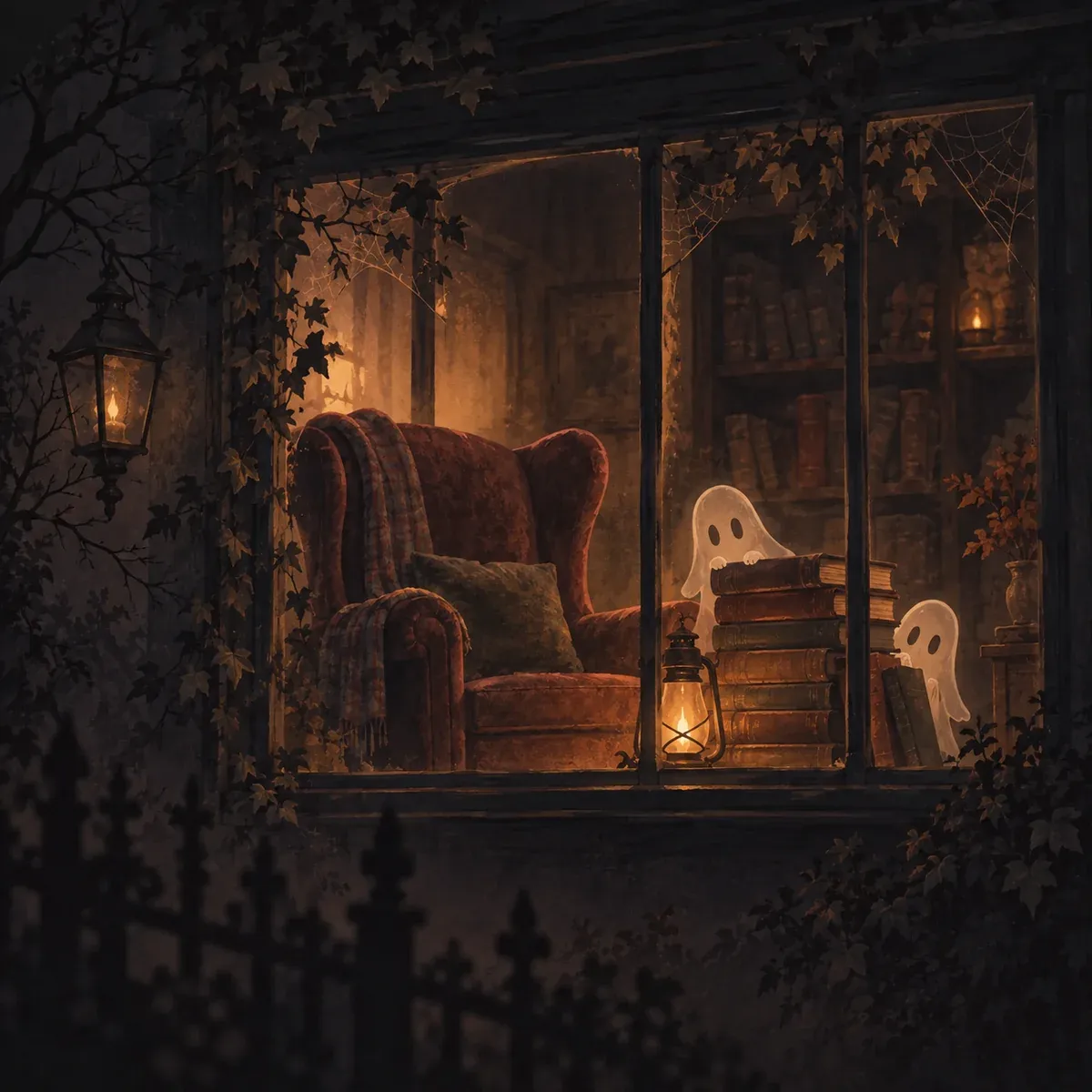 Illustration d’ambiance : fauteuil de lecture, livres et petits fantômes dans une vitrine imaginaire.